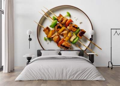 Yakitori on white plate with white background isolated Wall mural