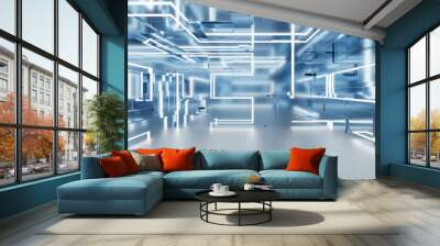 blue studio futuristic light interior with metallic reflections 3d render illustration Wall mural