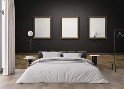 empty blank picture frames in art gallery exhibition on dark wall and wooden floor 3d render illustration Wall mural