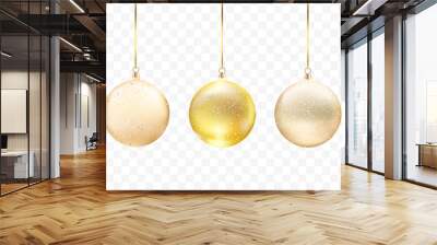 Christmas golden bauble set isolated on transparent background. Shiny translucent Xmas gold ball collection with glares and highlights. Vector illustration.
 Wall mural