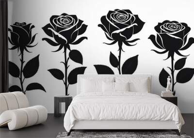 Modern Flat Style Vector of Black Rose Flower Silhouettes Wall mural