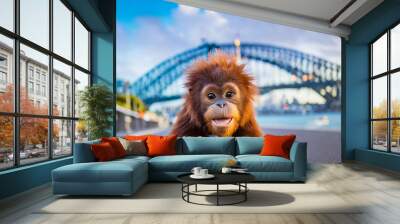 sweet funny cute smiling face baby orang-utan with big eyes punk hair style on footpath on Sydney footpath harbour bridge Wall mural