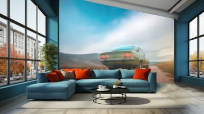 Vintage green car on the road Wall mural