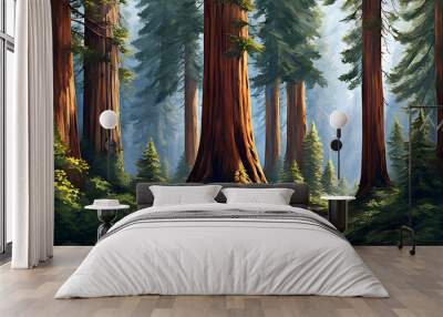 beautiful landscape painting of a forest of pine trees and sequoia redwoods Wall mural