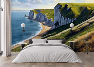 beautiful landscape painting of the cliffs of dover - grassy rocky bluffs over the sea beneath the cloudy sky on a brilliant summer day - stunning panorama vista seascape, grassy slope over the beach Wall mural