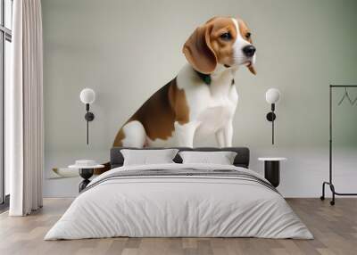 a brown and white beagle dog sitting with its tail wagging on a white background create with ai Wall mural