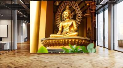 A golden Buddha statue with intricate details, sitting in a serene and peaceful environment create with ai Wall mural