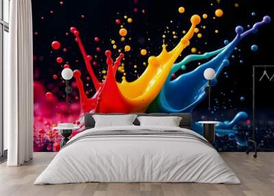 a vibrant splash of paint in bright colors on a dark background, capturing the dynamic movement of the liquid as it arcs and splatters, with droplets suspended in mid-air create with ai Wall mural