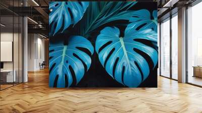 tropical leaves plant in blue color background create with ai Wall mural