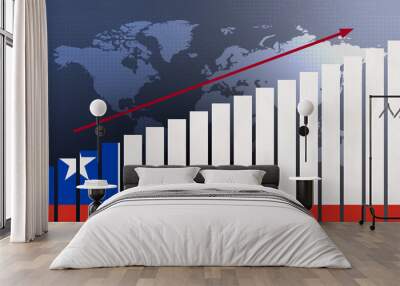 Chile flag on bar chart concept with increasing values, economic recovery and business improving after crisis and other catastrophe as economy and businesses reopen again Wall mural