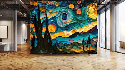 Colorful Wavy Landscape Oil Painting, full moon and stars - Generated by Generative AI Wall mural