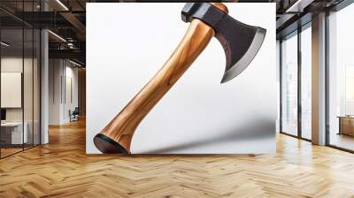 Display a sharp axe with a wooden handle against a transparent background, highlighting its sleek blade and sturdy grip, emphasizing craftsmanship and utility. Wall mural