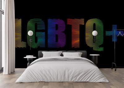 Dynamic line wave LGBTQ+ word banner vector illustration isolated on black background. Typography with L Lesbian flag, G Gay Pride flag, B Bisexual flag, T Transgender community pride, Q Queer Wall mural