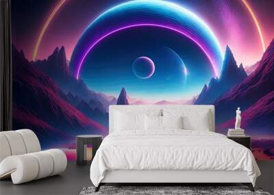 Psychedelic alien planet scene with neon glowing circles, perfect for space-themed art, desktop wallpaper, and futuristic digital designs. Wall mural