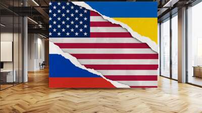 Ukraine, Russia, United States flag ripped paper grunge background. Abstract Ukraine Russia politics conflicts, war concept texture background. Wall mural