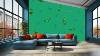 Vector green small Origami paper dinosaurs with trees background pattern Wall mural