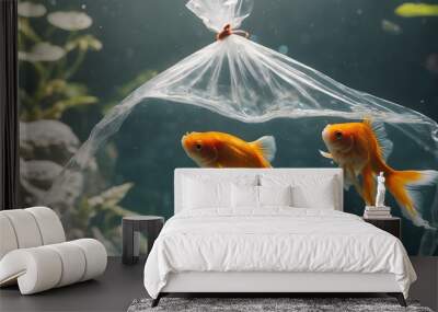 goldfish in  in clear plastic bag in aquarium Wall mural