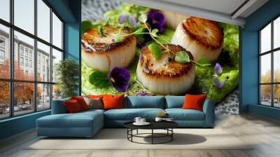 A carefully arranged gourmet dish showcases seared scallops resting on a vibrant green puree, garnished with edible flowers. The artistry enhances the culinary experience Wall mural