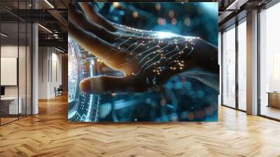 A close-up image capturing a hand interacting with a futuristic AI interface in a high-tech environment Wall mural