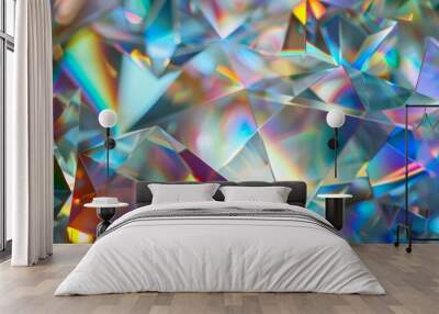 A close-up macro photo of a prism refracting light, creating a holographic texture of vibrant colors and geometric shapes Wall mural