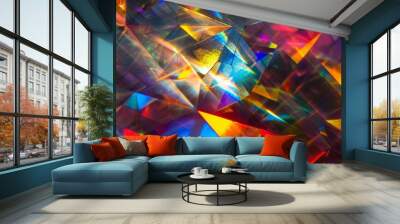 A close-up macro photograph of multiple glass prisms refracting light, creating a holographic texture with vibrant colors Wall mural