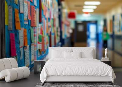 A close-up shot of a blue bulletin board in a school hallway covered with colorful papers and sticky notes. The hallway is out of focus in the background Wall mural