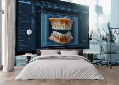 A closeup showcases advanced dental smile design software highlighted on a computer screen, emphasizing its innovative features and user interface Wall mural