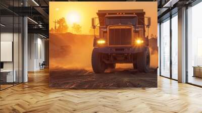 A commercial dump truck drives along a dirt road at a construction site during sunset, illuminated by warm light Wall mural