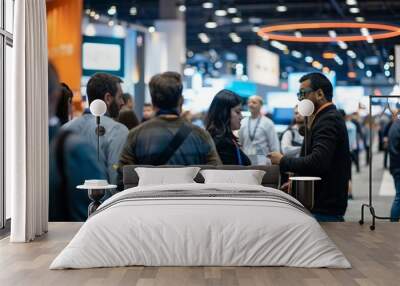 A diverse group of attendees standing around a busy convention hall at a tech conference or expo, showcasing innovation and networking opportunities Wall mural