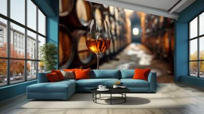 A glass of aged golden fortified wine resting on a wooden barrel in the cellar of a winery Wall mural