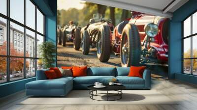 A line of vintage race cars waits at the starting line for the beginning of a thrilling racing event Wall mural