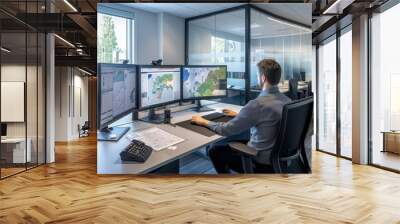 A man is sitting at a desk in an office, focused on working on three computer monitors in front of him Wall mural