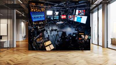 A modern broadcasting studio is bustling with activity, featuring an array of cameras, screens, and high-tech equipment set for a live production at night Wall mural