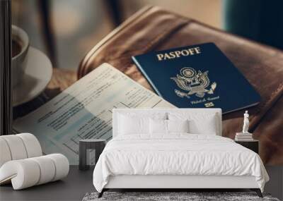 A passport and boarding pass rest on a suitcase next to a coffee cup, capturing the anticipation of upcoming travel and adventure Wall mural