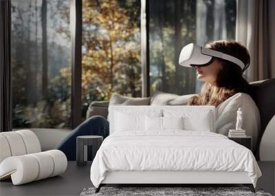 A person sits comfortably on a couch in a bright, minimalist living room, fully immersed in an engaging virtual reality experience Wall mural