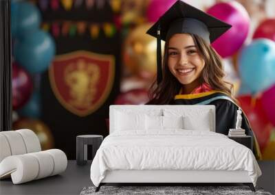 A smiling graduate holds their diploma while standing in front of vibrant balloons and decorations, showcasing a moment of achievement and celebration during the graduation event Wall mural