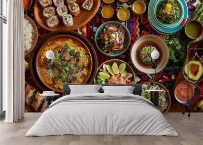 A table filled with an assortment of traditional dishes from different cultures, showcasing a variety of foods Wall mural