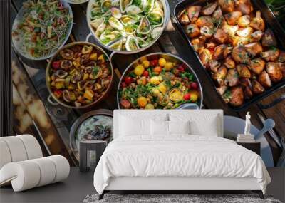 A table overflowing with an array of dishes for a community potluck dinner, showcasing a vibrant mix of colors and flavors Wall mural