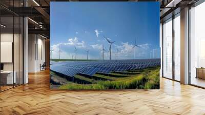 A vast field showcasing rows of wind turbines and solar panels generating renewable energy under a bright blue sky Wall mural