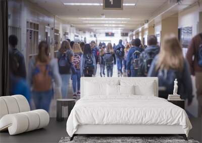 A wide-angle photo of a high school corridor filled with students walking to and from classes during a class change Wall mural