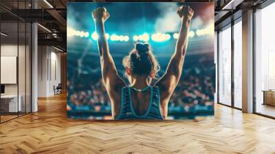 A young athlete celebrates a hard-fought victory in a vibrant sports stadium, arms raised high in triumph under bright stadium lights Wall mural