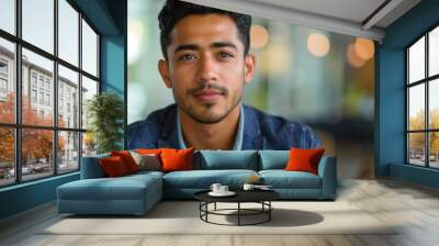 A young man in smart casual attire smiles confidently while seated in a modern office environment filled with natural light Wall mural