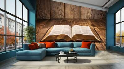 An open book, likely the Bible, with highlighted passages related to the life QFGNu, sits on a wooden table Wall mural