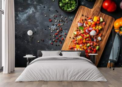 Chopped bell peppers, onions, and tomatoes rest on a wooden board, surrounded by fresh herbs and colorful spices, ready for a delicious meal preparation Wall mural