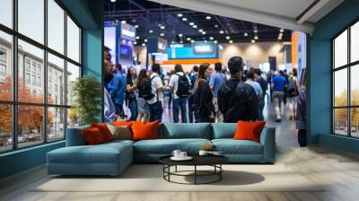 Group of attendees standing and networking around a bustling convention hall during a tech conference or expo showcasing innovation Wall mural