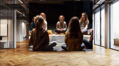 Group of children sitting in a circle on the floor, attentively listening during drama class Wall mural