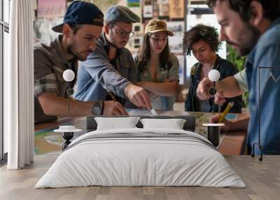 Group of individuals standing around a map, using rulers to analyze and plan urban developments Wall mural