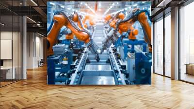 Robotic arms in an automotive assembly line move along a conveyor belt in a manufacturing plant, showcasing precision and efficiency Wall mural