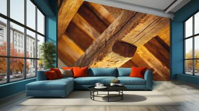 The rustic wooden beams in the farmhouse ceiling, adorned with deep cracks and rich textures, warm the space with golden lighting, enhancing its inviting charm Wall mural