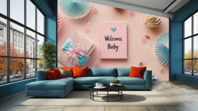 This delightful baby shower display features pastel-colored decorations, sweet cupcakes, a gift box, and a welcoming sign celebrating the arrival of a new baby Wall mural